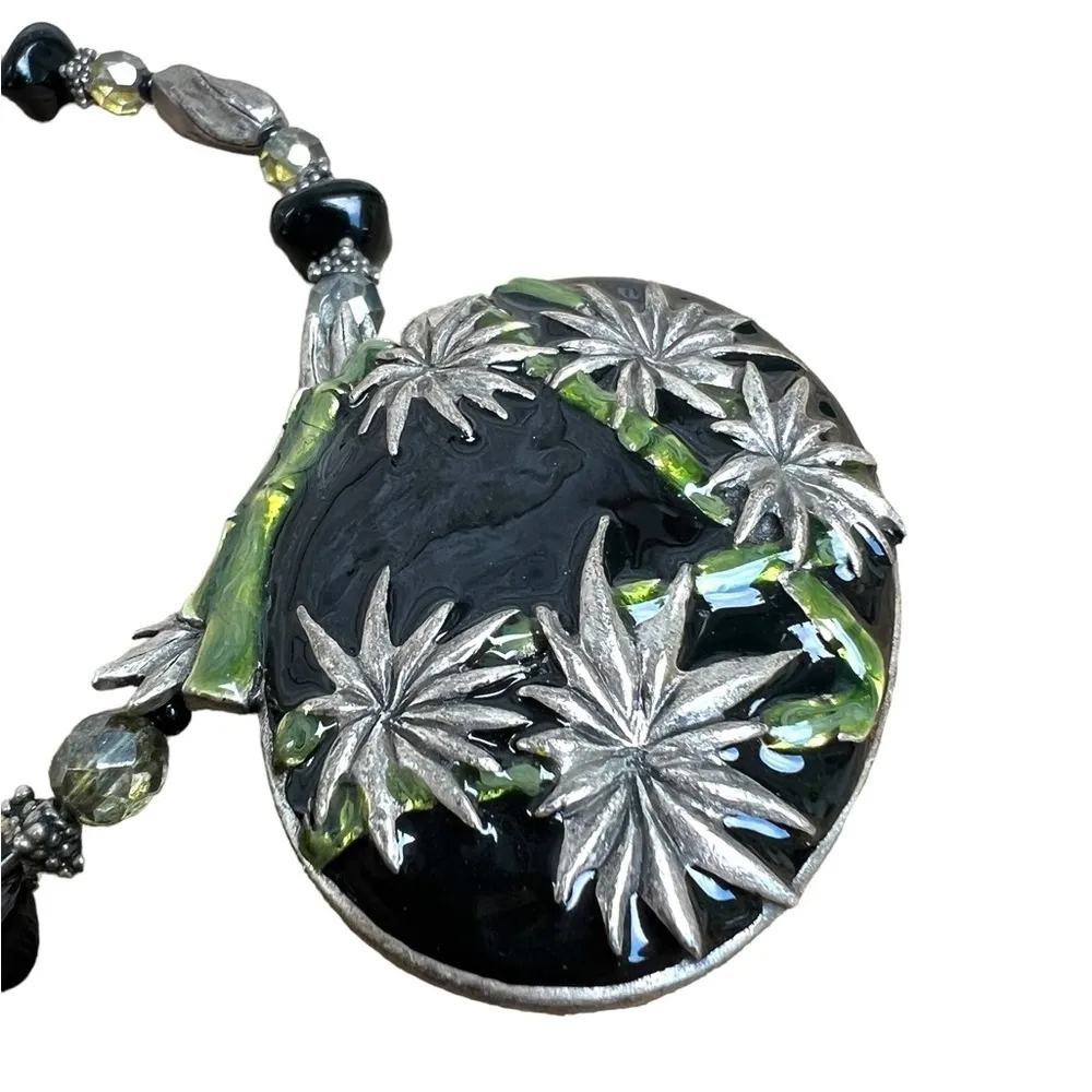 Vintage Chico’s Haute Couture Enamel Chinese Bamboo Pendant glass neckla… - Image 2