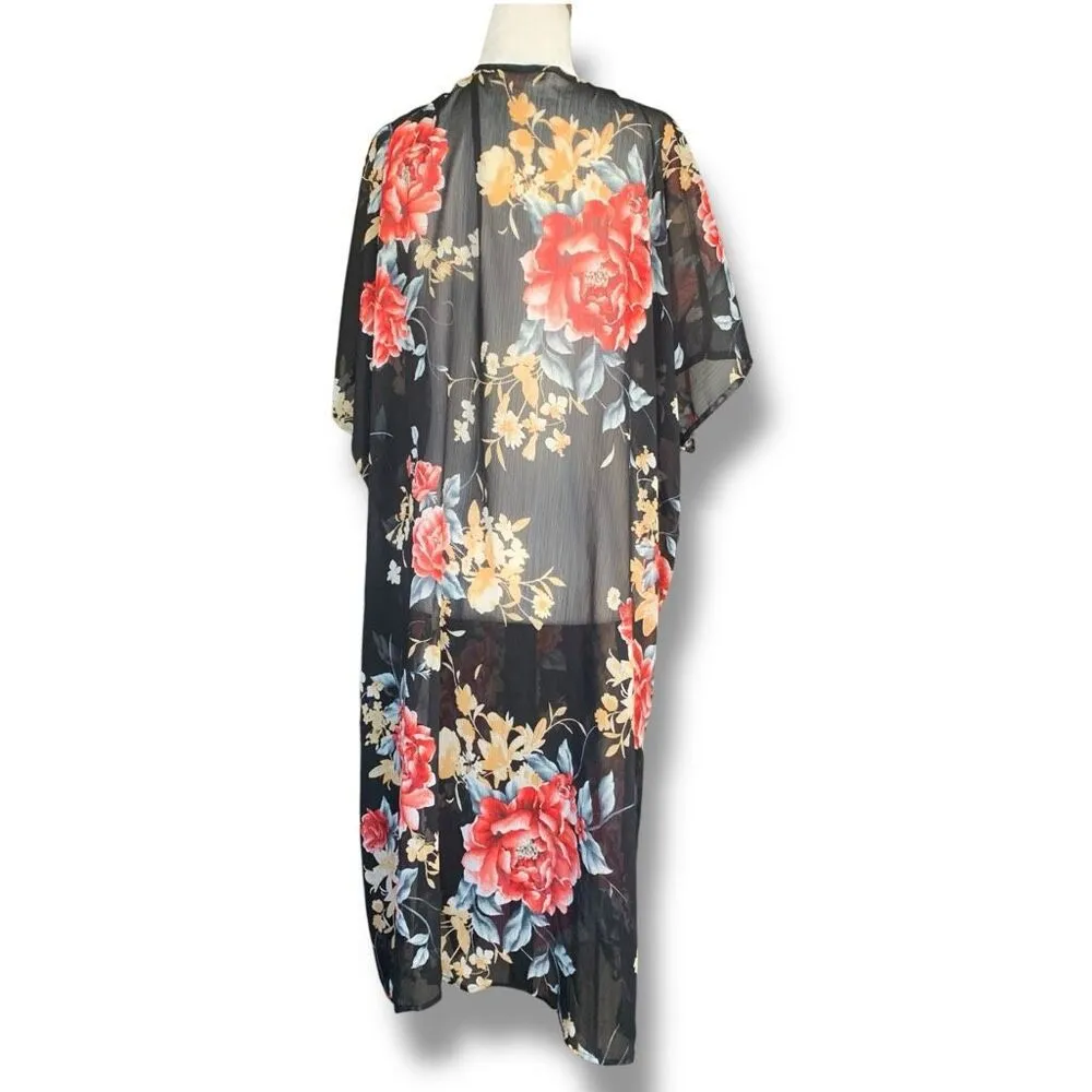 Band of Gypsies Black Sheer Red Floral Kimono Duster Swim Cover Up Short Sleeve - Image 2