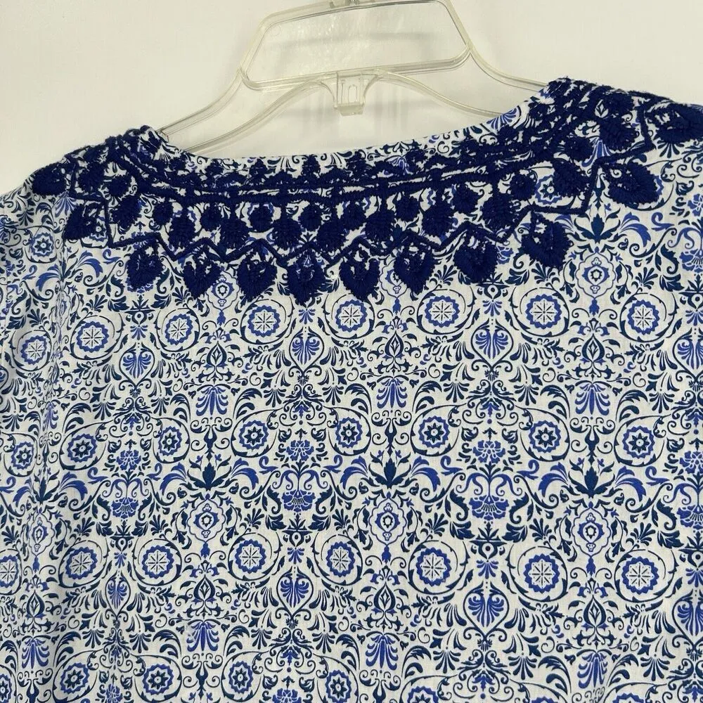 Solitaire Swim Cover Up Tunic Boho Blue Embroidered Beaded Tassels Size M - Image 8