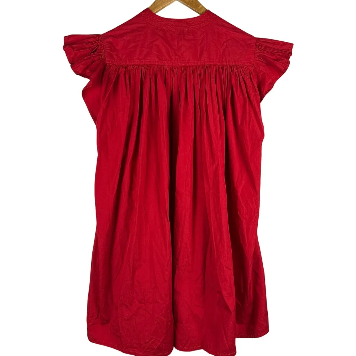 Madewell Flutter Sleeve‎ Button-Front Poplin Mini Dress Red Pcockets Size Large - Image 5