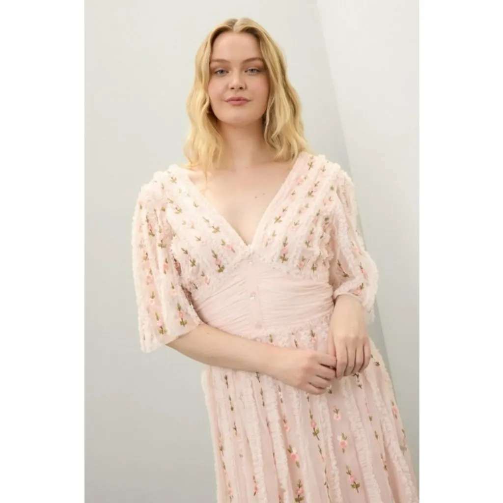 💕MAC DUGGAL💕 Pink Floral V-Neck Ruffle Detail Empire Waist Gown 8028 Blush 12 - Image 8