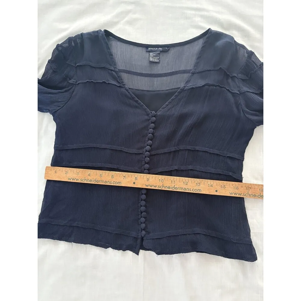 Boston Proper Blouse Womens 4 Navy Blue Silk Sheer Button Front Whimsy Luxury - Image 15