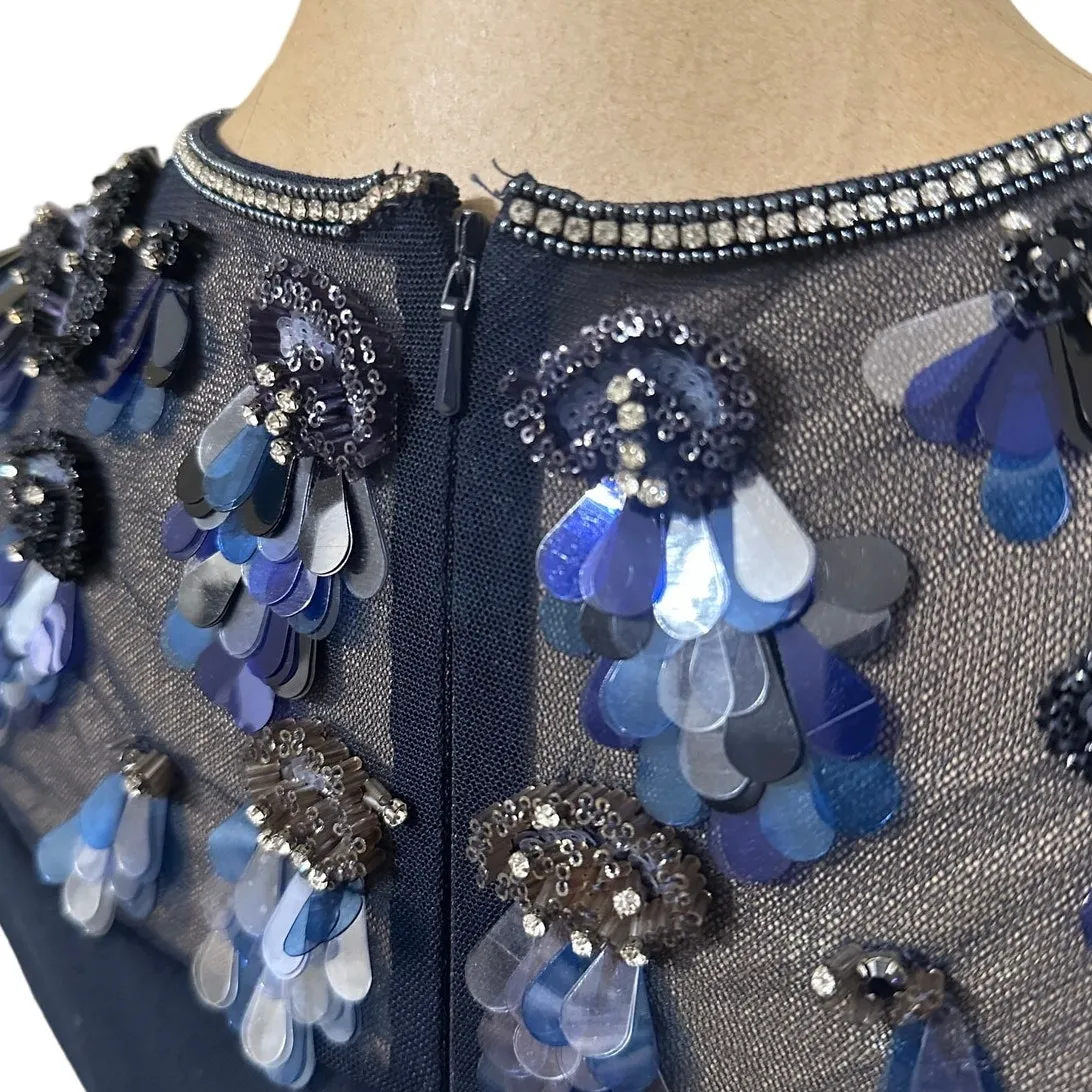 Theia Maxi Gown Midnight Blue Cap Sleeve Sheer Beaded Shoulder Size 0 - Image 11