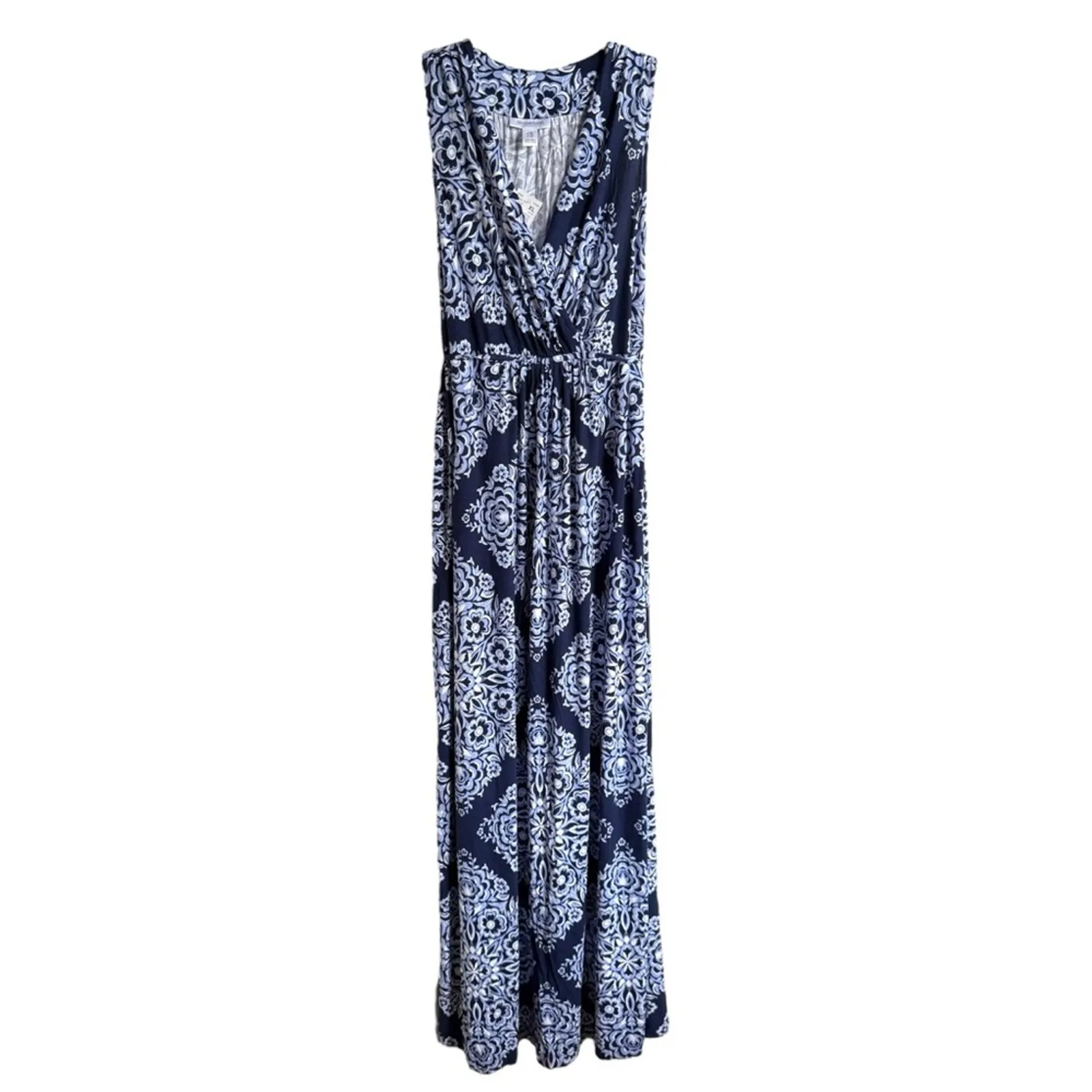 Motherhood Navy and White Maxi Dress Knit‎ Faux Wrap Maternity NEW XL - Image 3