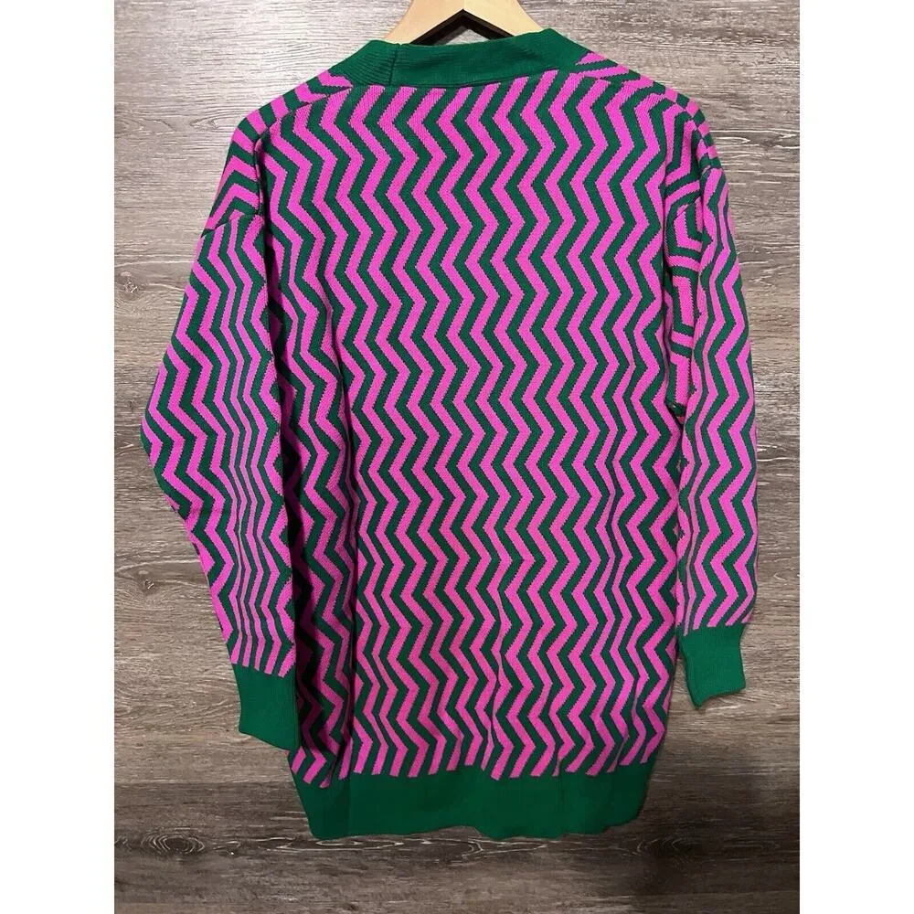 Qu Style Retro Funky Cardigan Sweater One Size Pink Green Contemporary Modern - Image 5