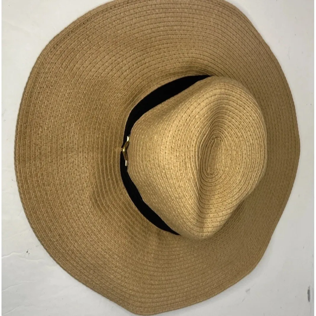 Vince Camuto Women's Tan Wide Brim Sun Hat OS Black Band Gold V Packable‎ Resort - Image 5