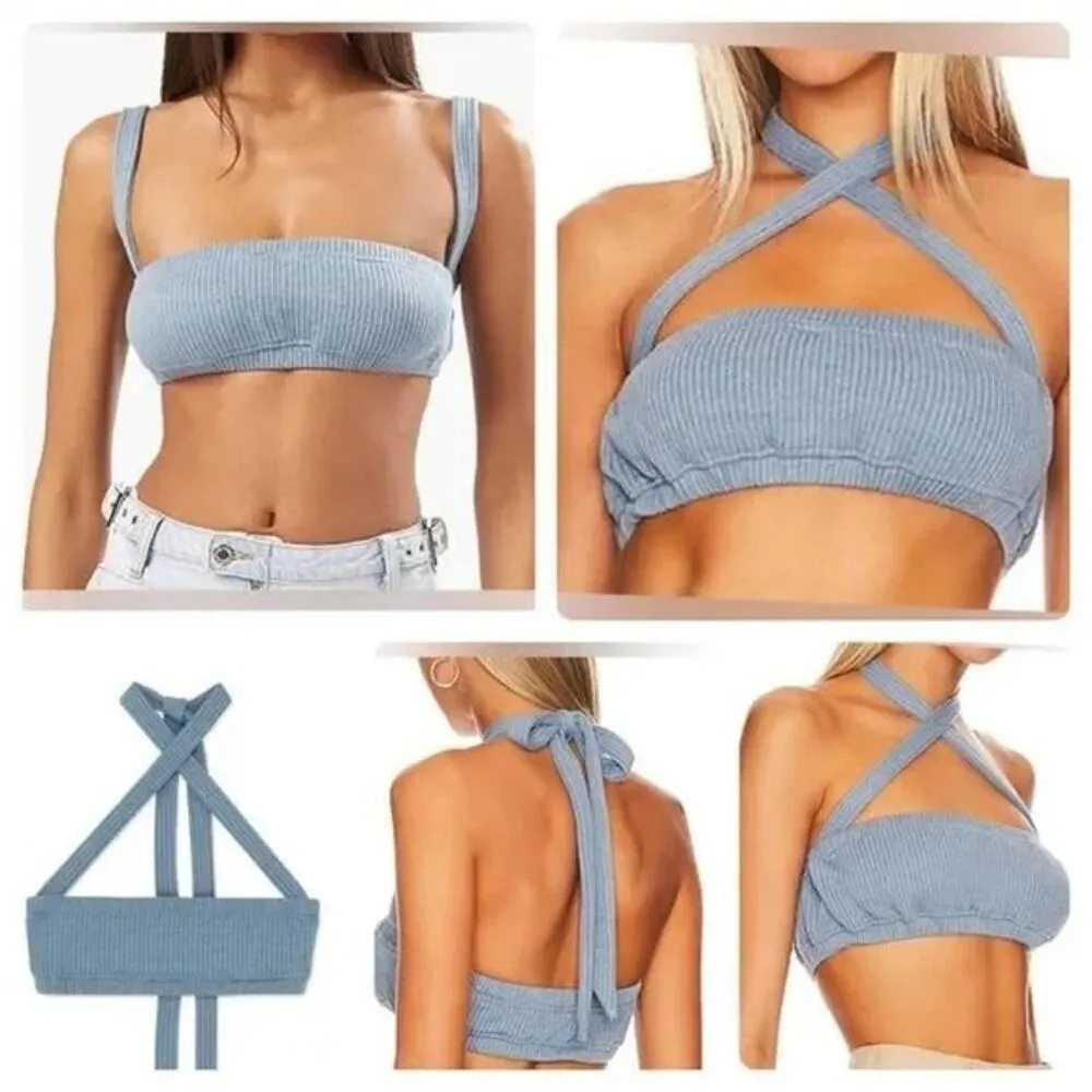 NWT WeWoreWhat Wide Rib CrisCross Back Tie Halter Bra Top Elastic Trim XS Blue - Image 12