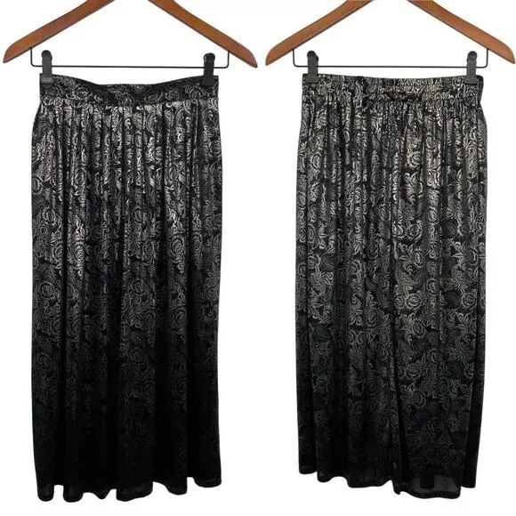 Vintage 80s Metallic Paisley Floral Printed Midi Skirt Black Silver Womens XS - Image 2