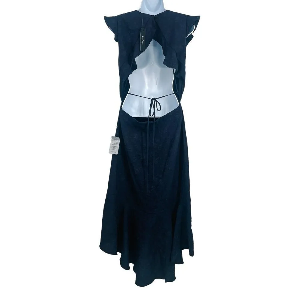 Lulu's Jacquard Sophisticated Soiree Navy Blue High Low Open Back Ruffles - Image 5