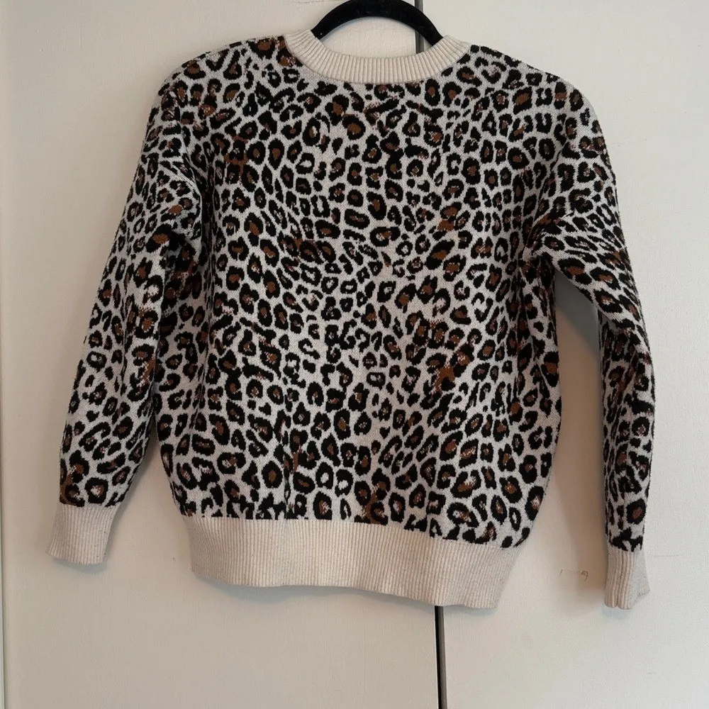 Tahari Leopard Print Crew Neck Sweater Women Cream Brown Black Knit Pullover XS - Image 6