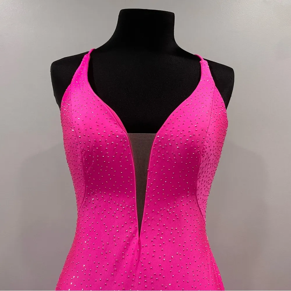 La Femme 29969 Neon Pink Beaded Strappy Bead Gown 8 - Image 4