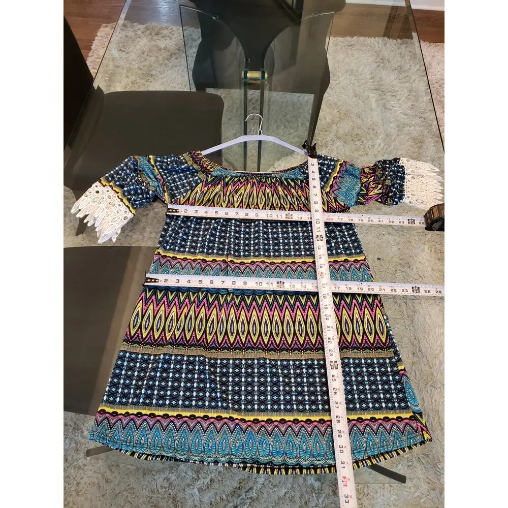 Win Win Tunic Top Women XL Multicolor Lace Sleeve Boho Stretch Knit Blouse Blue - Image 11