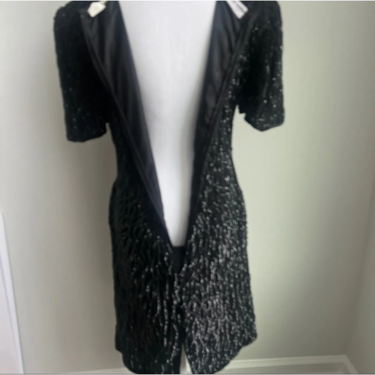 Silky Nites Dress woman's Medium Glamorous Black Beaded Sequin Short Sleeve - Image 6