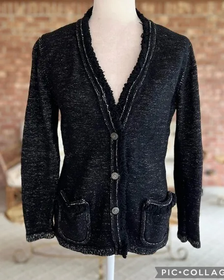 Doncaster Cardigan Fringe Black Wool Blend Sweater S Dressy Lunch Party Work - Image 1