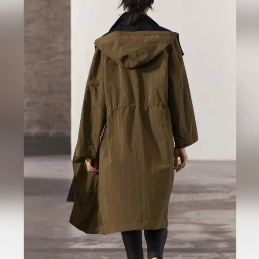 ZARA ZW Collection Oversized Water-Repellent Hooded Trench Coat Khaki Sz S NEW - Image 3