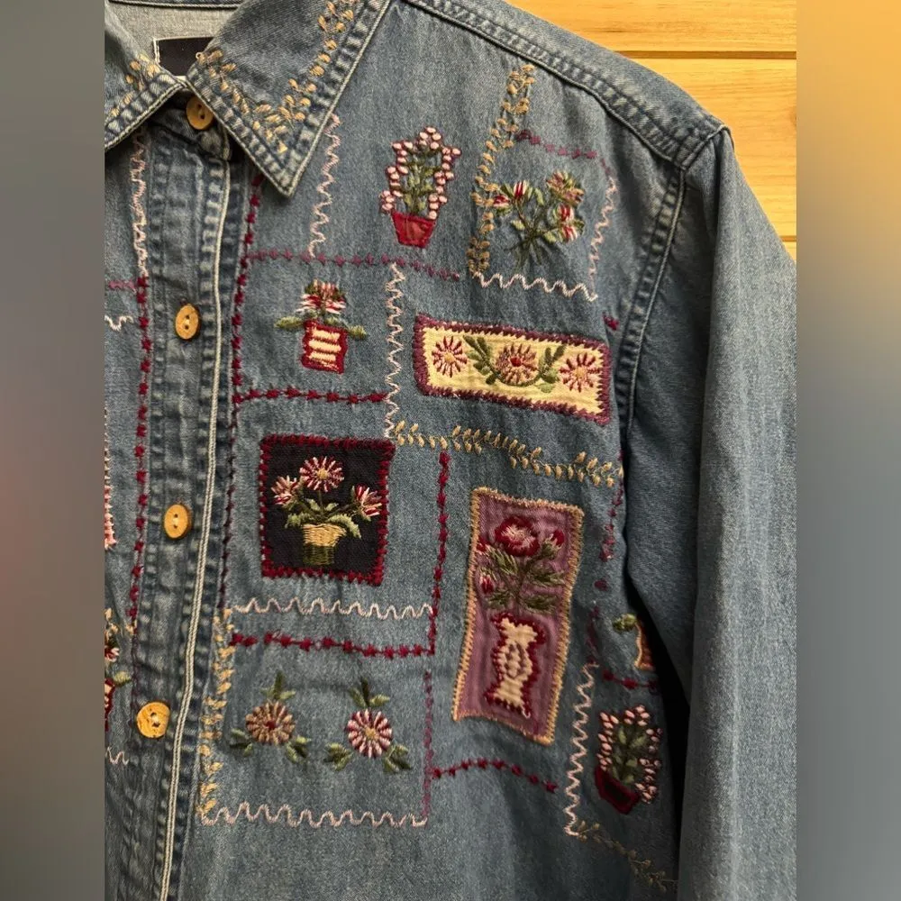 Vintage Sara Studio Size Large Plant Embroidery Collared Cropped Denim Shirt Blue - Image 4