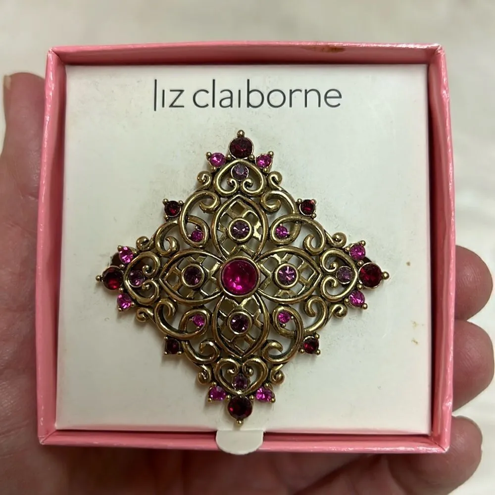 Vintage Liz Claiborne Rhinestone and‎ Gold brooch D6 - Image 5