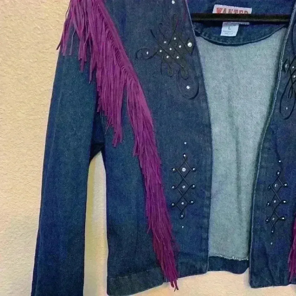 Wanted by Beads Beautiful fringe denim jacket sz L western cowgirlcore 90s Blue Size L - Image 2