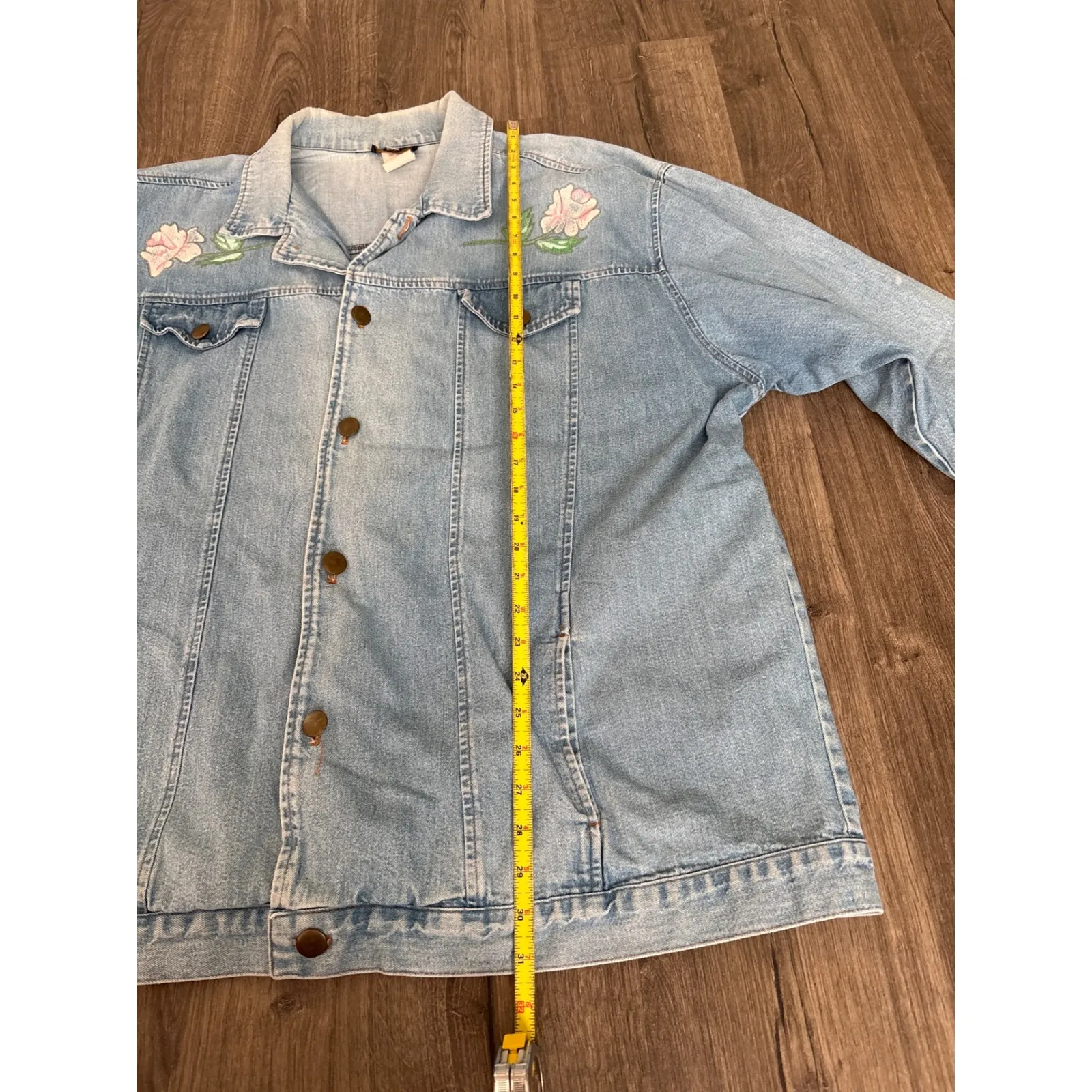 Vintage 80s Hunter Run Denim Jacket Rose Hand Painted Women 20W Made In USA Blue - Image 10