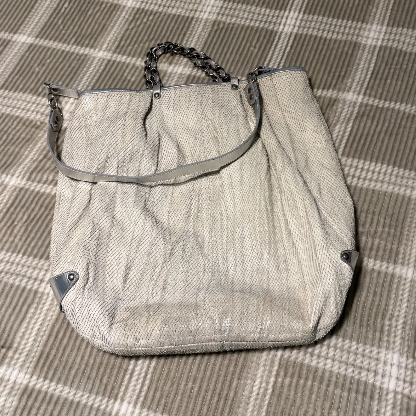 Sammi Lys Snake Embossed Leather Shoulder Bag Silver Chain Handle Tote Tan - Image 3