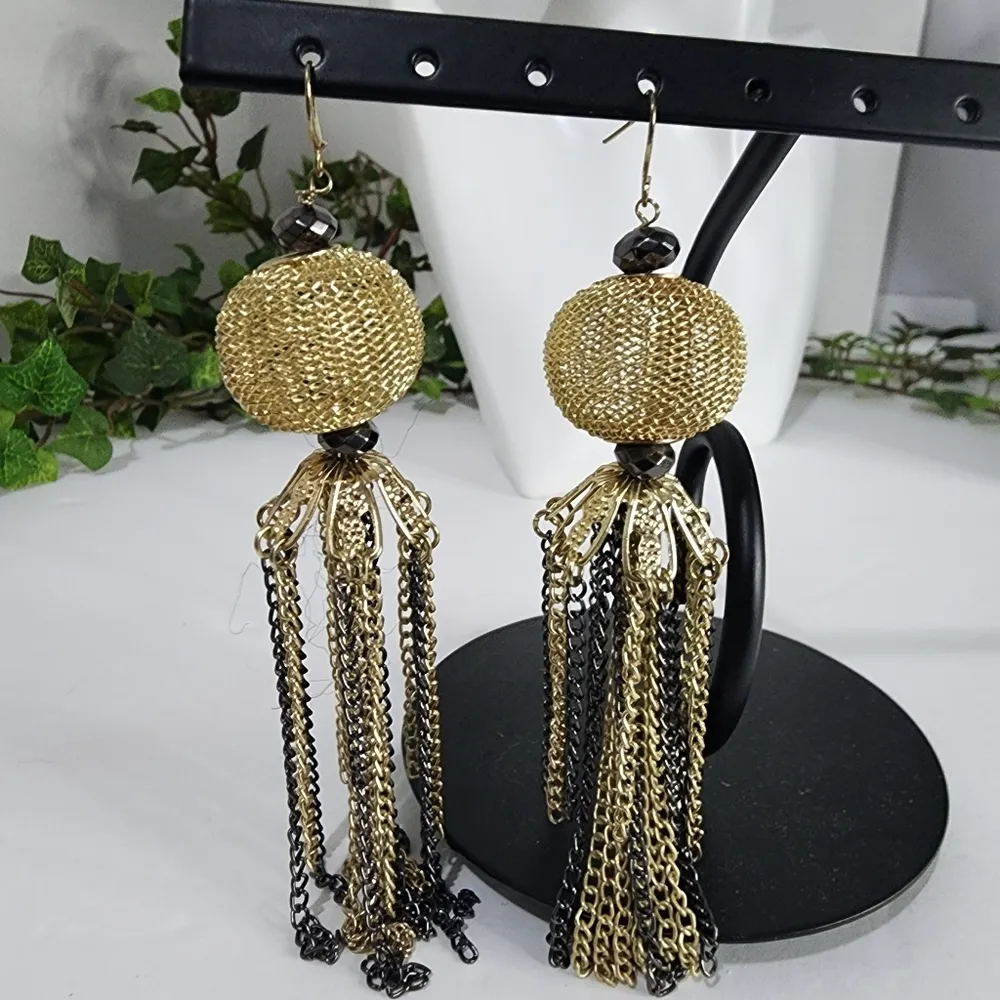 Gold Party Ball Earrings with Chain Tassels - Image 2