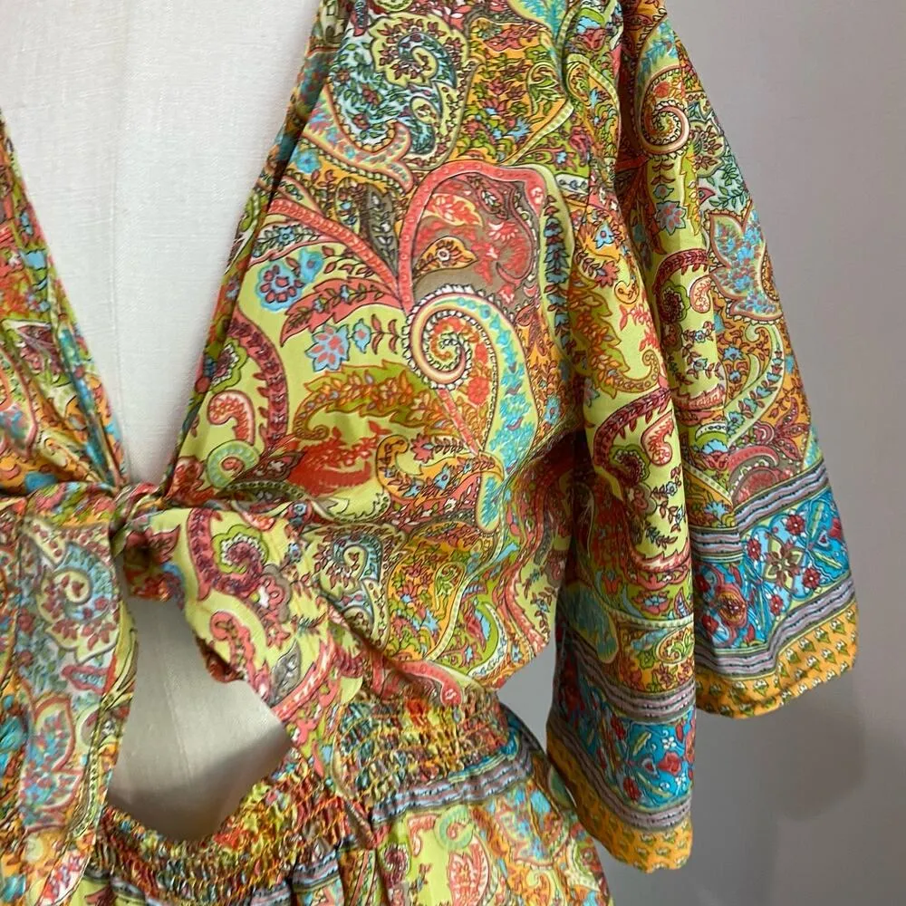 Zury Bohemian Silk Blend Bell Sleeve And Wide Leg Front Tie Jumpsuit Size M Yellow Size M - Image 8