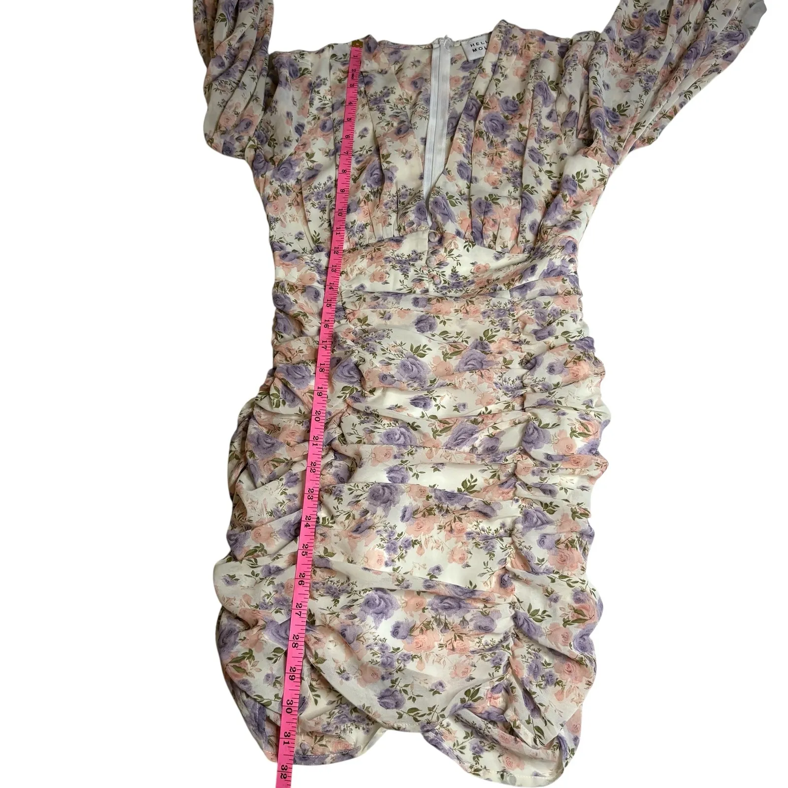 Hello Molly XS  Floral Mini Deep V Dress Long Sleeve‎ Ruched Bodycon Party - Image 4