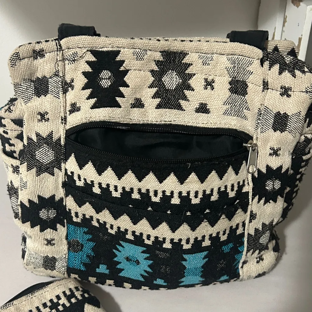 Tribal Patterned Black and Blue Shoulder Bag Set - Image 2