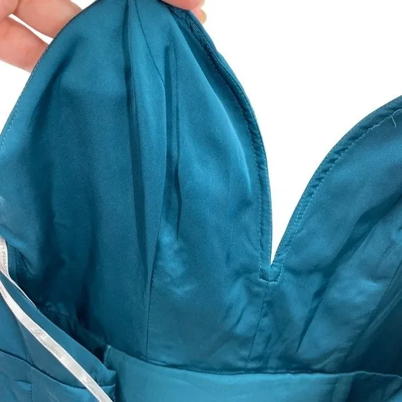 Lovers + Friends Size xs Brynn Asymmetrical Satin Plunge‎ Dress Open Back Teal - Image 9
