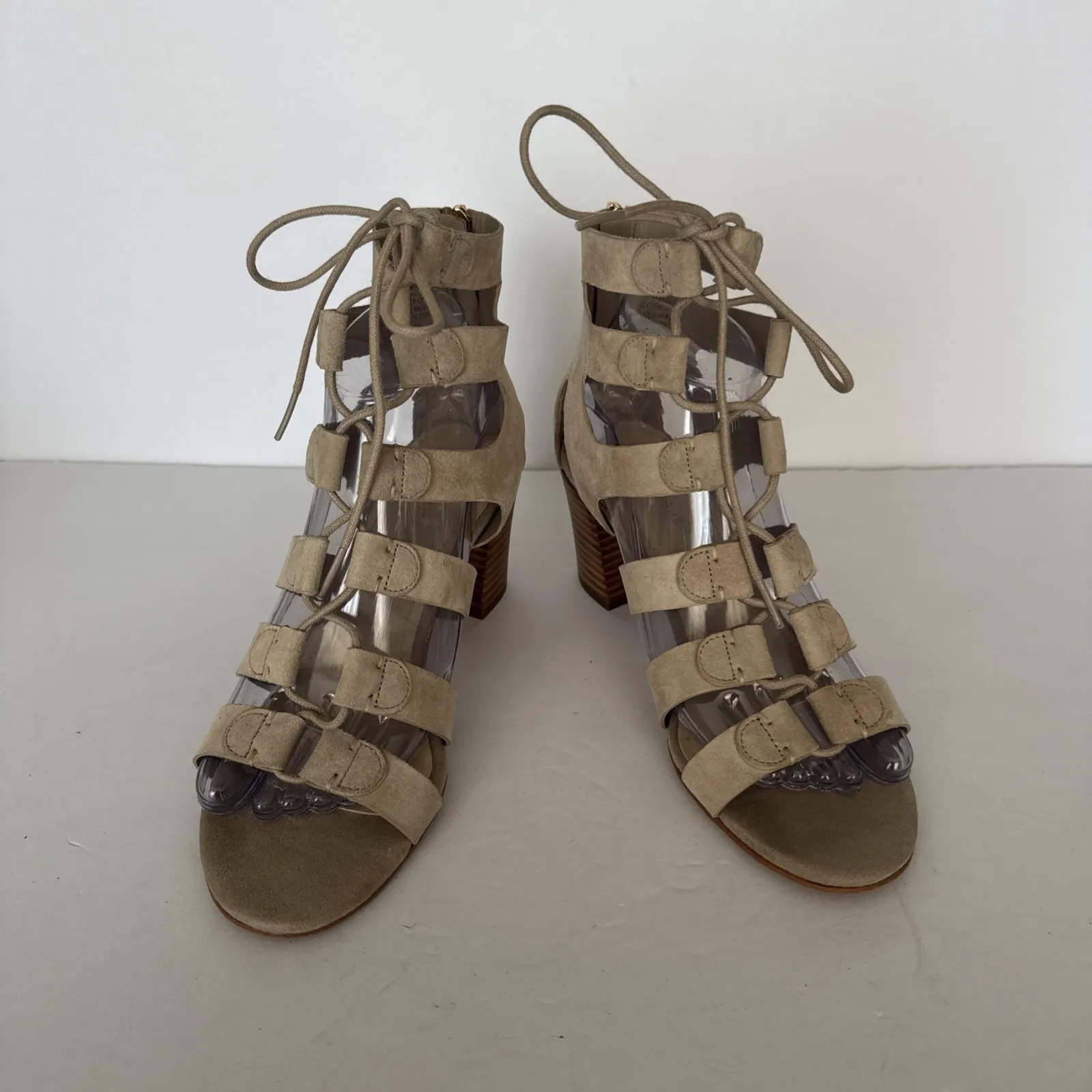 Marc Fisher Gladiator Heels Paradox Taupe Women 8 W Suede Lace Up Gold Zip Party - Image 4
