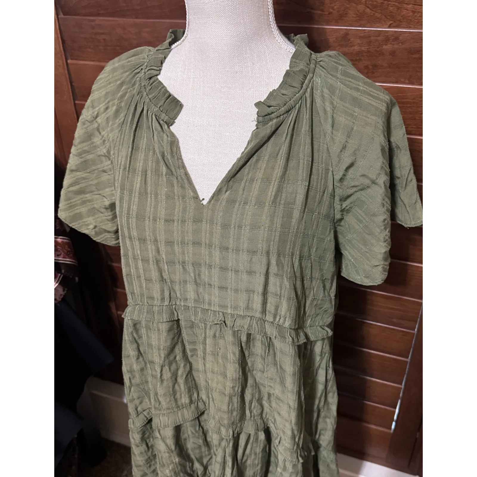 Entro Ruffle Tiered Dress Sz M Cottagecore olive green gauzy FLAW - Image 2
