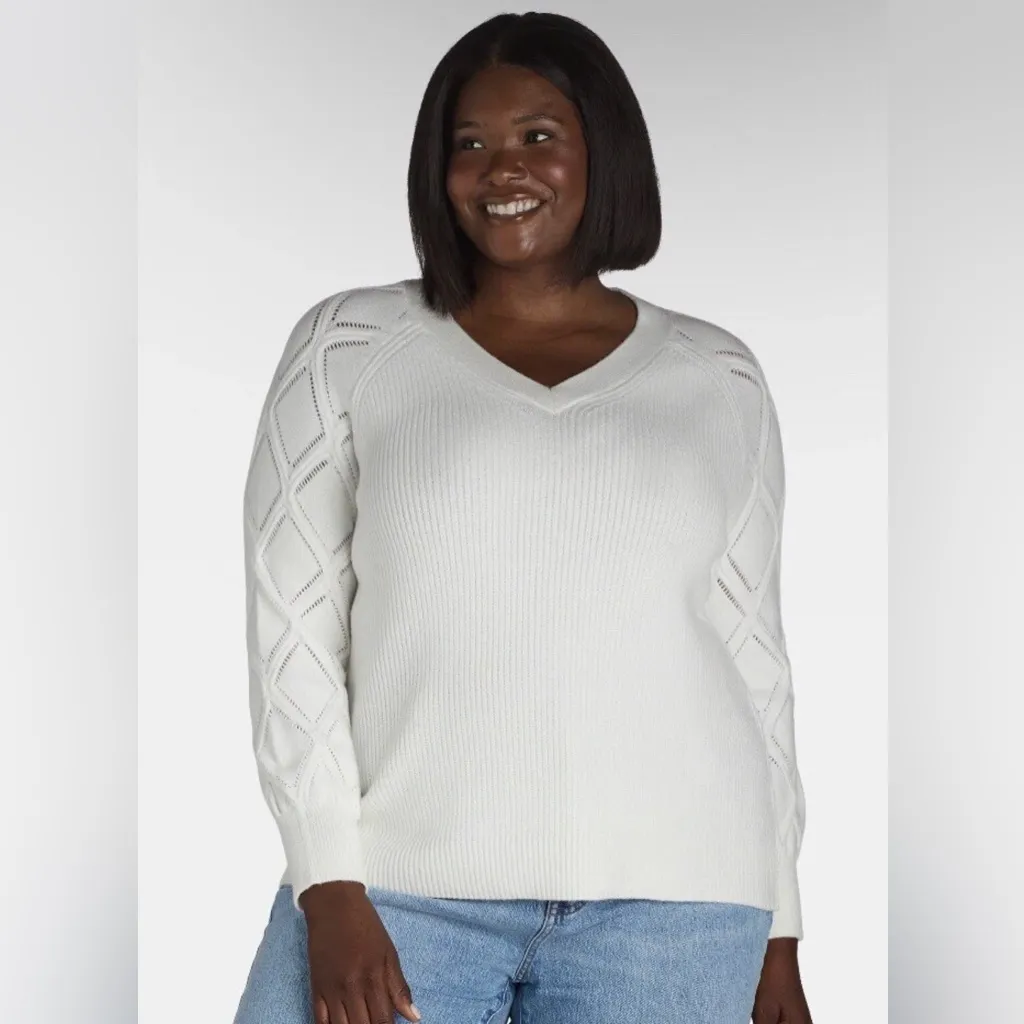 TERRA & SKY Womens Plus V-Neck Ivory  Pointelle Knit Sweater Size 0X 14W New - Image 2