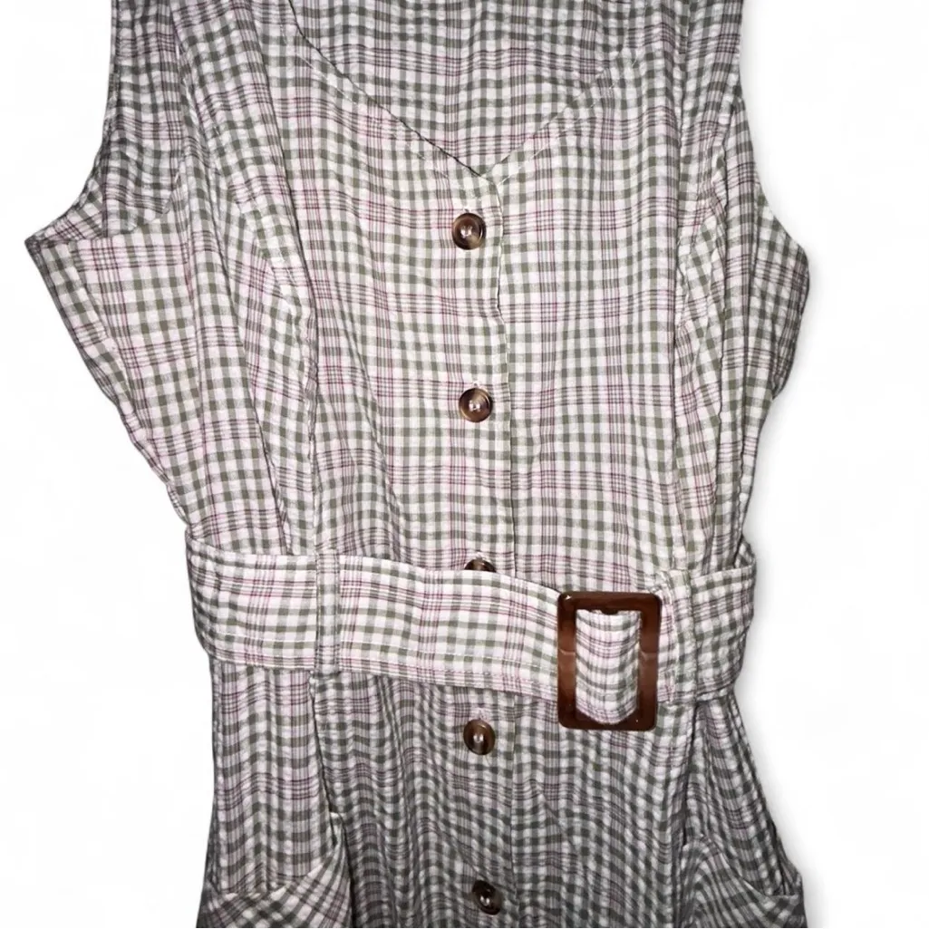 Maison Tara Gingham Midi Dress with Belt Green Size 4 - Image 2