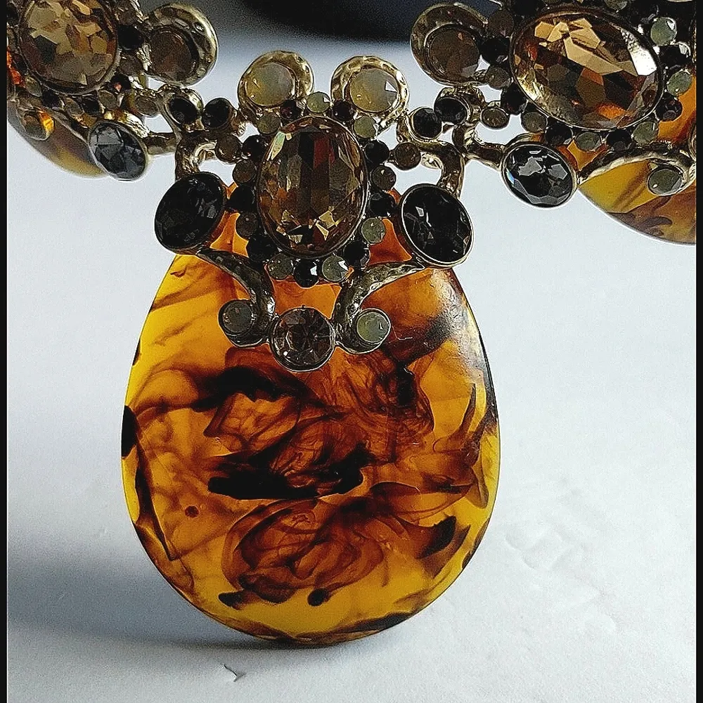 Gold and Acrylic Tortoise with Crystal Statement Necklace Set - Image 2