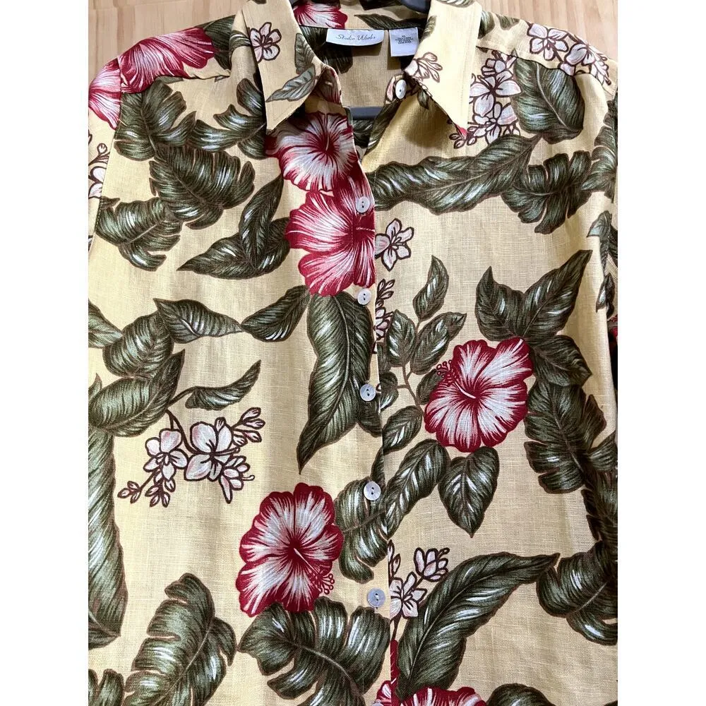 Studio Works XL tunic 100% linen floral pattern button-up long sleeves - Image 5