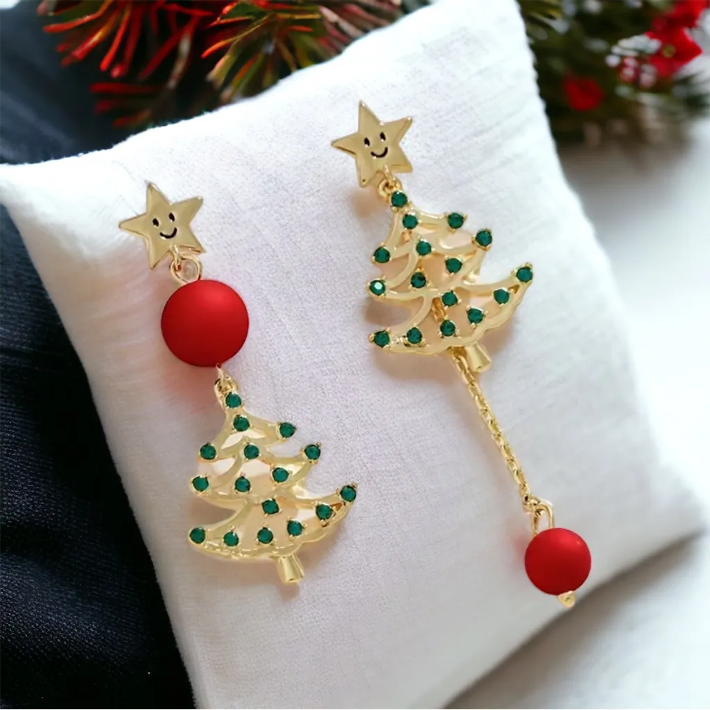 Golden Christmas Tree Pentagram Design Green Shiny‎ Rhinestone Inlaid Earrings Gold - Image 2