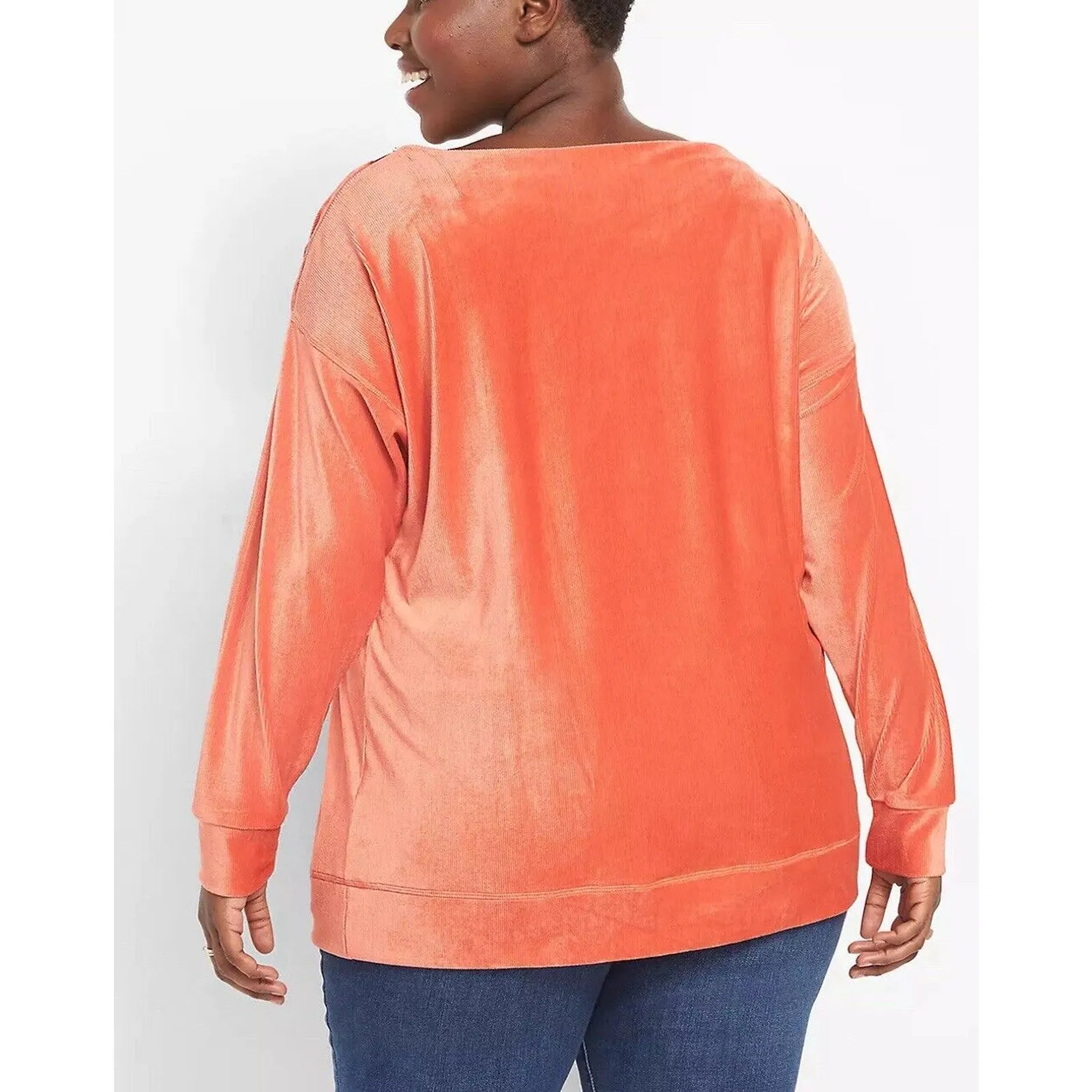 Lane Bryant Long Sleeve Boatneck Top Size 18/20 Coral Orange Chenille‎ Zipper - Image 4