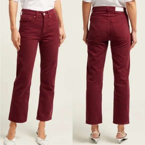 RE/DONE Stove Pipe Cropped Burgundy Corduroy Jeans Pants Size 24 - Image 2
