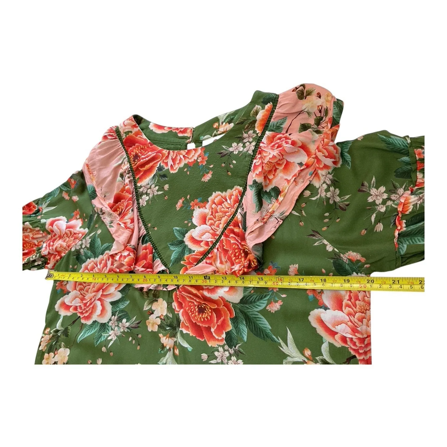 FARM Rio Anthropologie Elinor Tunic Dress Green & Pink Floral Ruffle Size M - Image 9