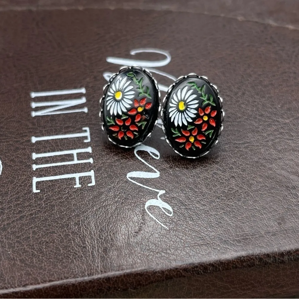 Handmade Earrings w/ Vintage Floral Cabochons Daisy Red Black Stainless Steel - Image 12
