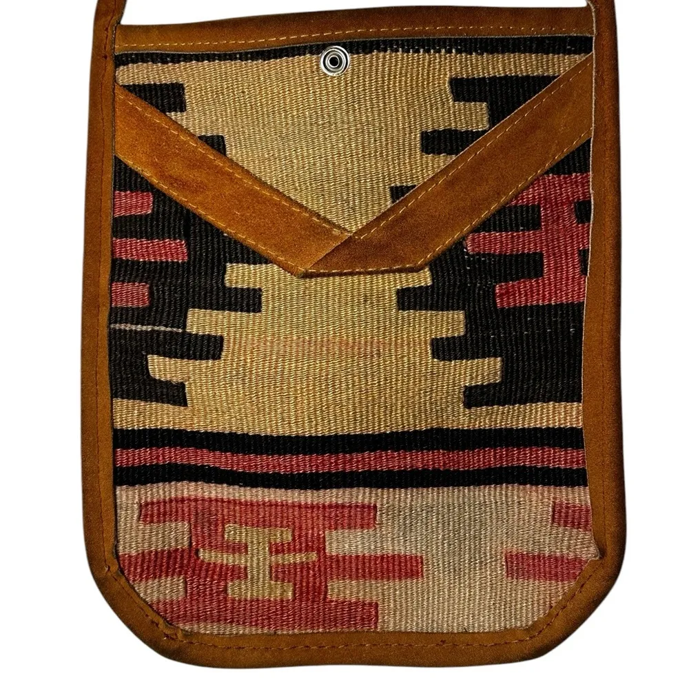 Vintage 90s Turkish Kilim Knit Leather Shoulder Bag Western Bohemian Southwest Tan - Image 2