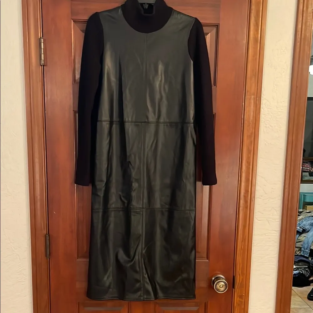 ANN TAYLOR MIXED LEDIA Black Faux Leather SWEATER Dress SIZE XS - Image 3