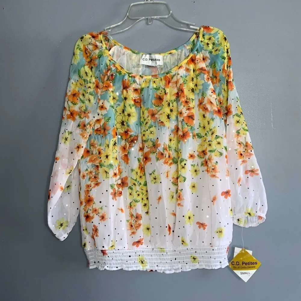 C.D. Petites Pastel Floral With Sequins Chiffon Shirred Top 3/4 Sleeves Sm NWT Yellow - Image 3