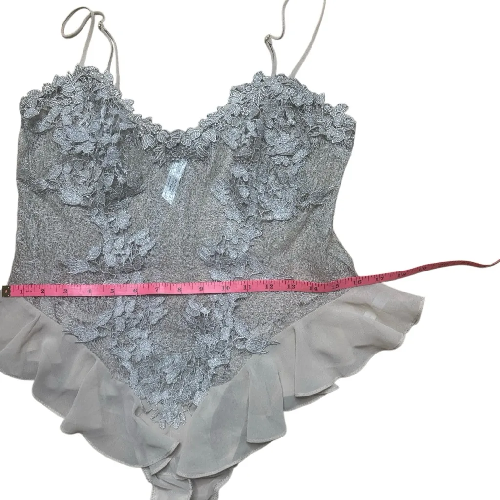 Flora Nikooz Showstopper Sheer Lace and ruffle teddy Blush and silver medium - Image 5