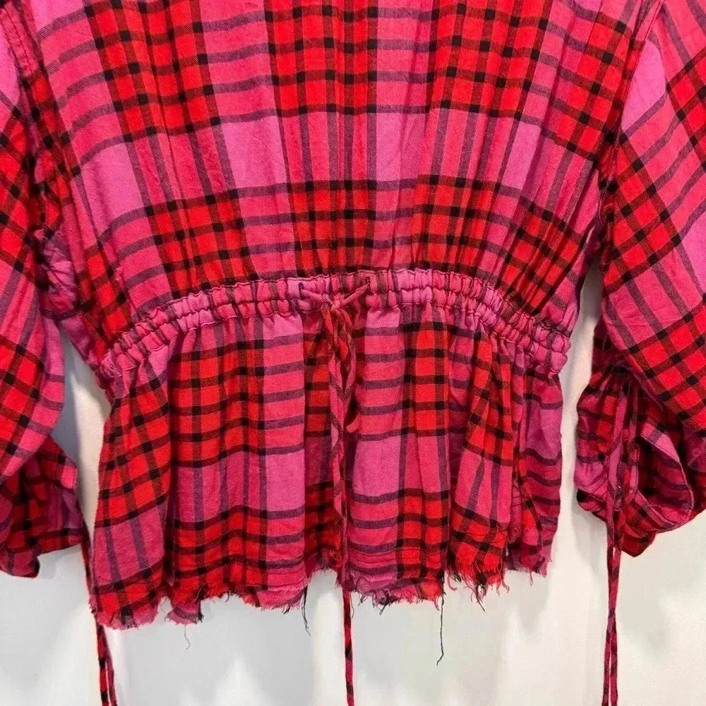 Free People pacific dawn red plaid button down shirt s - Image 9