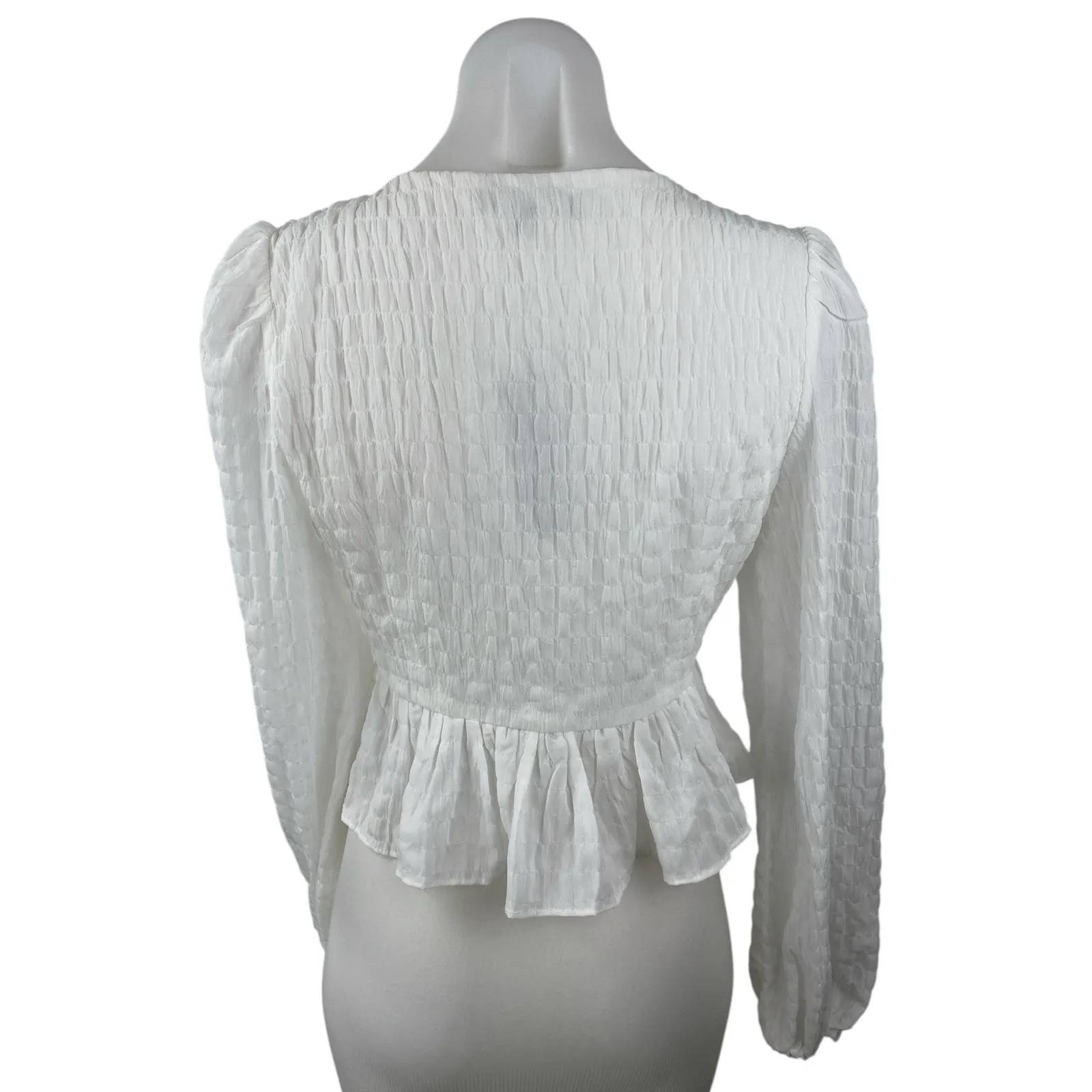 NEW Lulus White Plunge Neck Tie Front Long Puff Sleeve Peplum Blouse Top Size S - Image 2