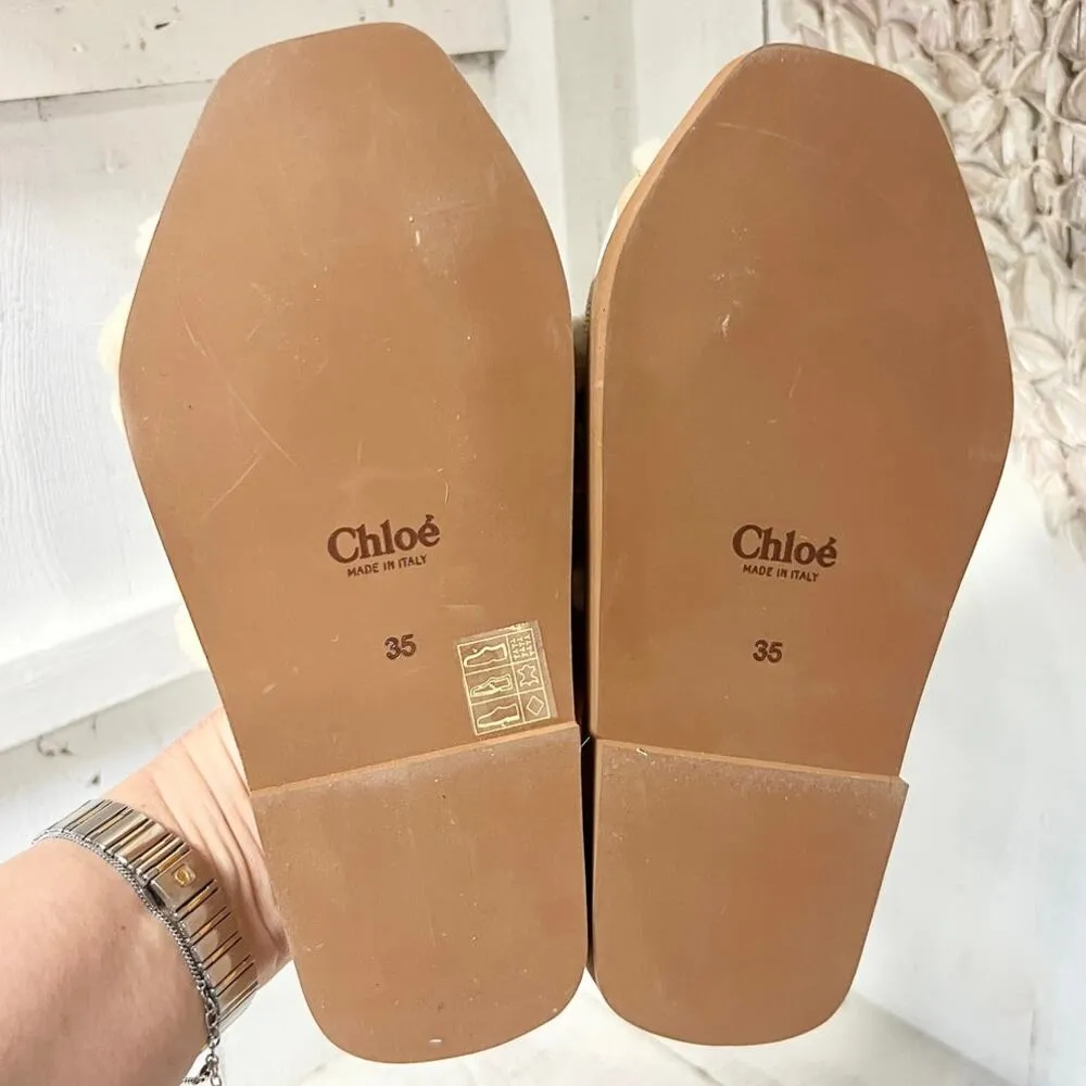 NWT Chloe Woody Shearling Logo Print Slip On Flat Slipper Soft Tan Women's 35/5 - Image 9