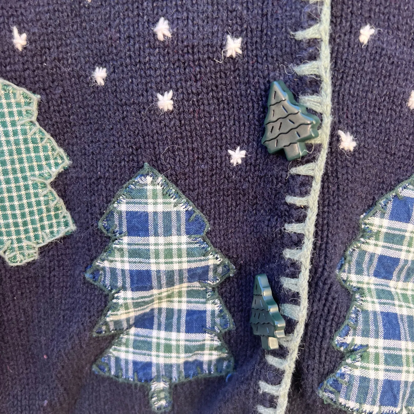 VTG Christopher Banks americana plaid appliqué Christmas tree cardigan sweater Blue Size M - Image 3