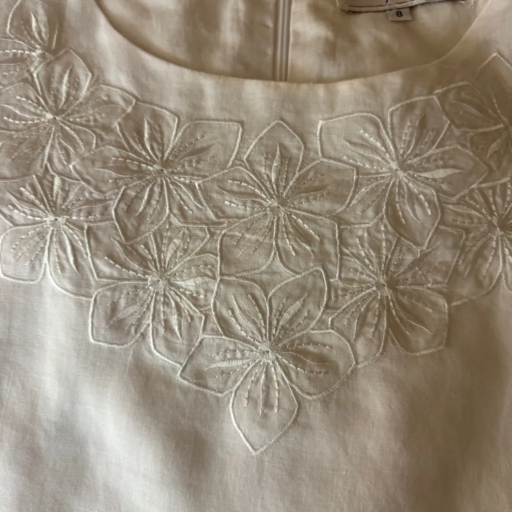 Donnavincy 100% Ramie Minimalist White Sleeveless Dress Floral Embroidery Sz8 Size 8 - Image 11