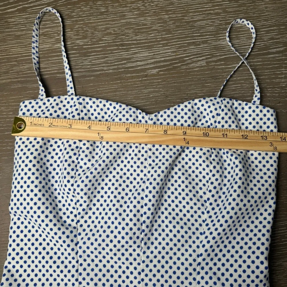 Vintage 1980’s Paco Rabanne Polka‎ Dot Swing Spaghetti Strap Dress Blue Size M - Image 12